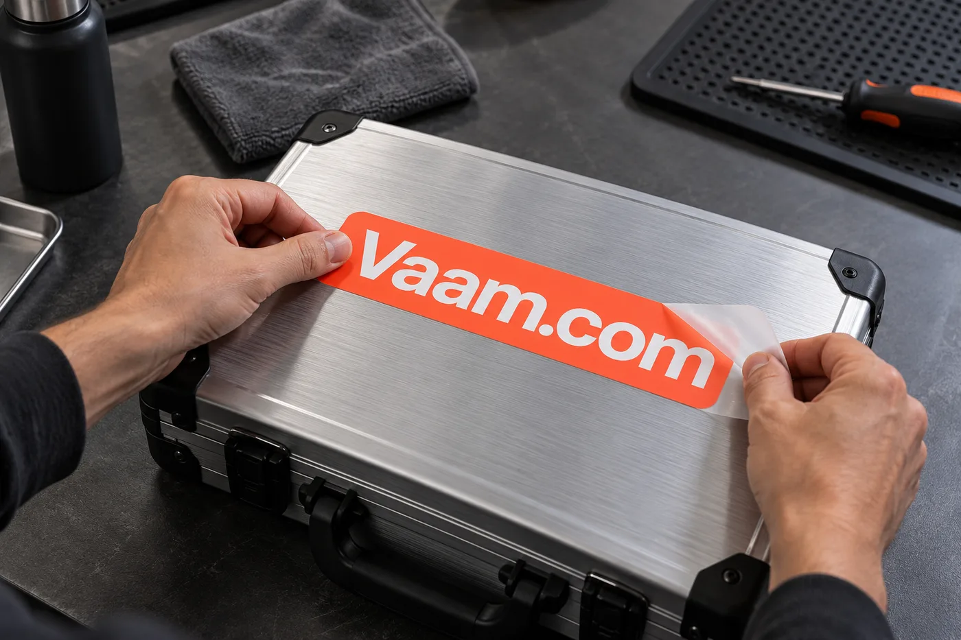 Hands applying a coral Vaam.com label to an aluminium equipment case
